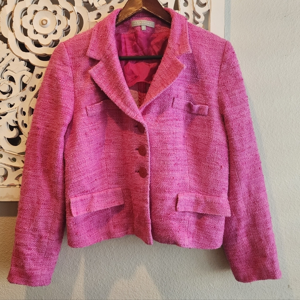 VTG ALAIN FIGARET TWEED SILK HOT PINK BLAZER SIZE 14